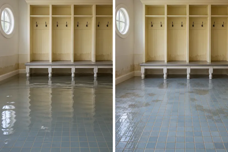 Water Extraction Near Parr Park — same room before and after pooled water removal