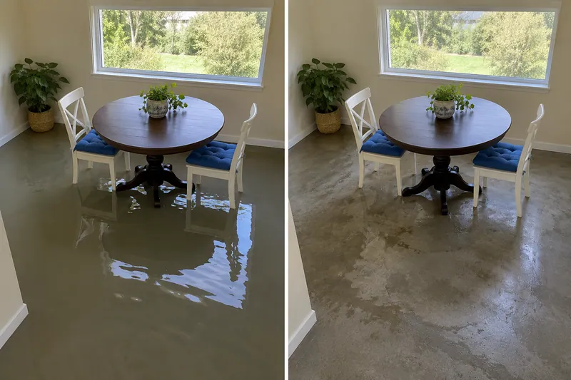 Water Extraction Near Meadowmere Park — same room before and after pooled water removal