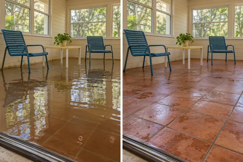 Water Extraction Near Pickering Park — same room before and after pooled water removal