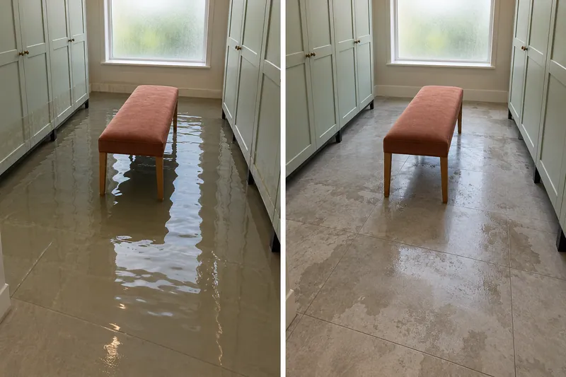Water Extraction Near Lakeview Park — same room before and after pooled water removal