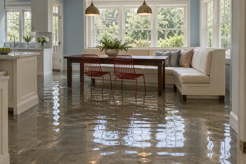 Water Extraction in Grapevine — standing water across a dining kitchen